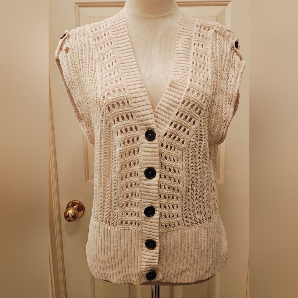 Vtg 90s MUDD Cream Open Knit Button Up Cardigan Sweater w Shoulder Button Detail